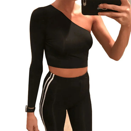 2024 Summer Europe and the United States Sexy Women's Diagonal Shoulder Long Sleeve Crop Slim Comfortable Top