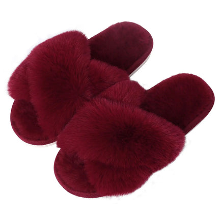 Evshine Women Fuzzy Slippers Fashion Cross Band Memory Foam House Slippers Indoor Outdoor Open Toe Plush Slides Casual Flat Shoe