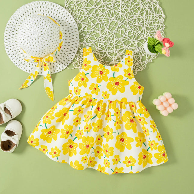 (0-2 Year Old Baby Girl Floral Dress) Summer New Sweet Bow Children'S Sleeveless Clothes With Free Hat For Beach Party