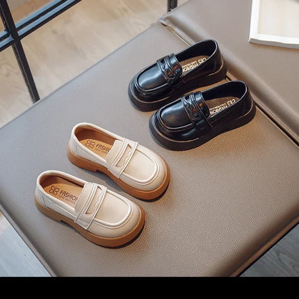 Girls Leather Shoes for Party Wedding Slip-on Simple Solid Black Kids UK Uniform School Shoes Children Loafers 2023 Four Season