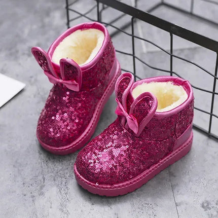 Girls Snow Boots Bunny Ear Bowtie Sequins Cute Winter Warm Ankle Boots Princess Toddler Non-slip Fashion Kids Boot Glitter Bling