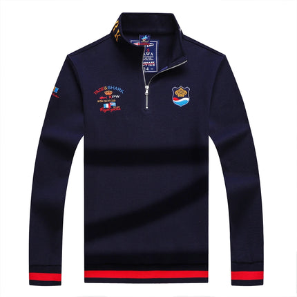 TACE&SHARK Fashion Men's Shark Embroidery Long Sleeve Polo Shirt Cotton Casual Wear Business Solid Color Tops