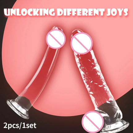 2 Pcs 1 Set Soft Silicone Realistic Dildo with Suction Cup for Women Adult Game Cute Penis Masturbator Sex Toy Crystal Jelly Transparent