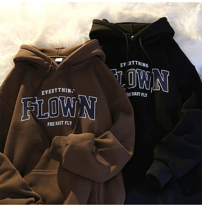 Thickened Fleece Hoodie Women's Autumn Winter American Retro Letter Loose BF Style Casual Jacket Comfortable Polyester Long S...