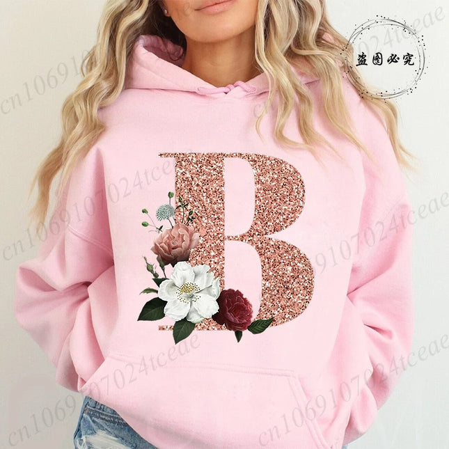 Rose Gold Letter A~Z Printed Women's Sweatshirts Hoodie Fashion Women Hooded Hoodies Casual Harajuku Streetwear Pink Clothing