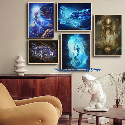 Mermaids and Mermen Myth Mysterious Deep Sea Fantasy Artwork Poster Vintage Mermaid Horro Poster Canvas Painting Wall Pictures