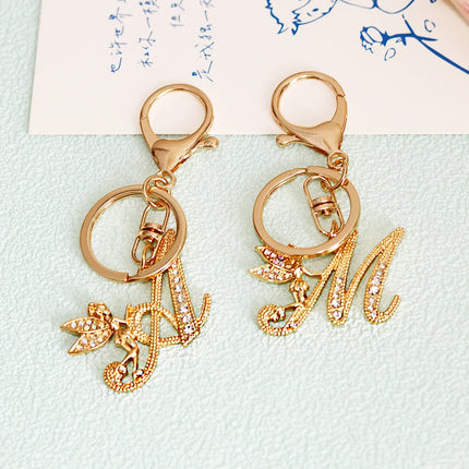 A-Z Rhinestone Elf Girl Letter Keychain Gold Color Initial Name Keyrings Girls Car Key Holder Handbag Purse Charms Decoration