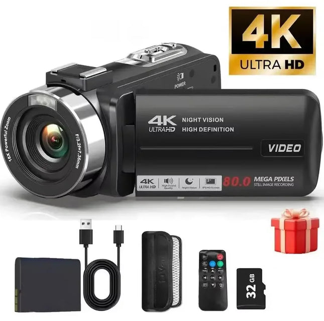 4K Video Camera Camcorder Ultra 80MP Digital Camera Vlogging Camera for YouTube 3.0" IPS 270° Screen IR Night Vision Handheld DV