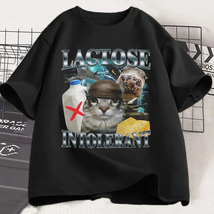 Lactose Intolerant Funny Cat Meme Print T-Shirt Women Retro Fashion Short Sleeve T-shirts Casual Summer Women Clothing
