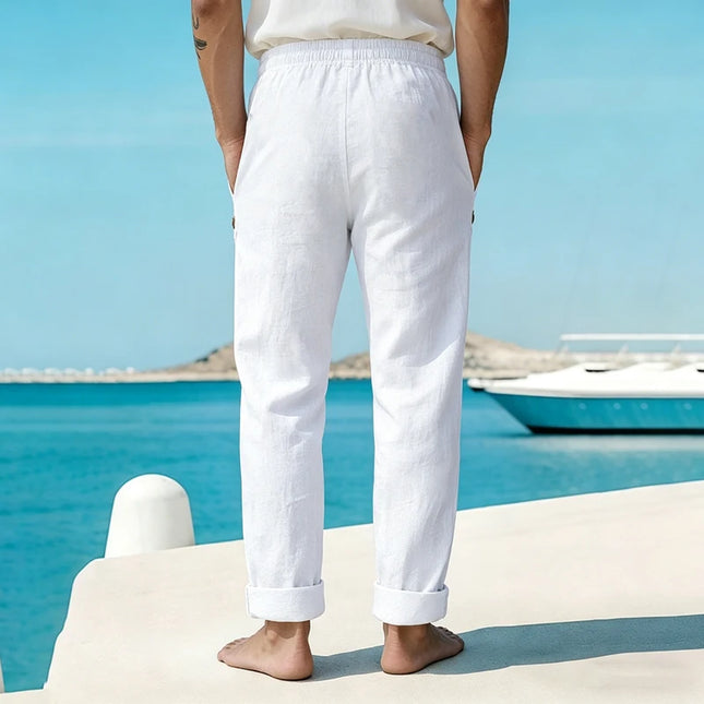 Men's Linen Drawstring Pants Casual Button Detail Elastic Waist Breathable Beach Vacation Daily Wear Straight Leg Trousers for M