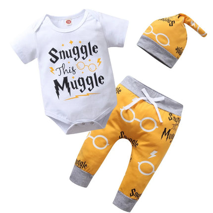 Baby Outfit 3pcs Set, Euro-American Style, Long/Short Sleeve Black Bodysuit with Gold Letters, Infant Clothing