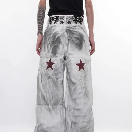 2026 American Retro Y2K Style Dirty Washed White Baggy Jeans Pants For Men Clothing Star Printed Straight Cotton Long Trousers