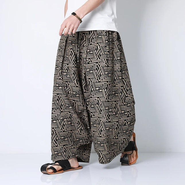 Chinese Style Pants Men Retro Casual Wide Leg Loose Crossover Pants  Cotton Linen New Men's Graphic Trousers Hip Hop Pants M-5XL