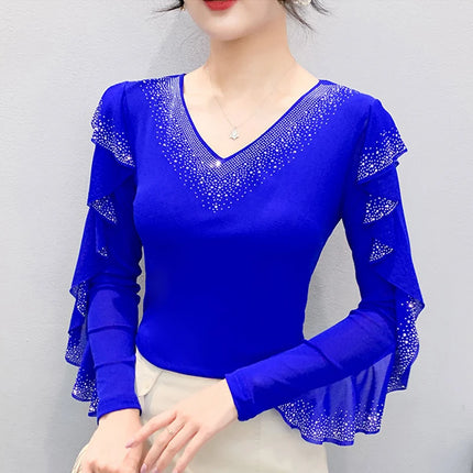 2025 Autumn New Style Mesh Tops Korean Fashion Round Neck Ruffles Shirt Lotus Leaf Edge Hot Diamond Long Sleeve Women T-Shirt