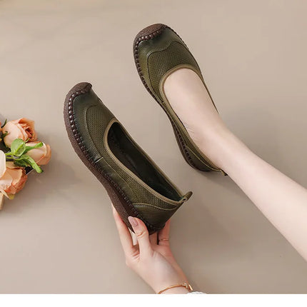 New Real Leather Perforated Ballet Flats Women's Massage Insole Slip On Moccasins Woman Hollow Loafer Casual Daily Shopping Shoe