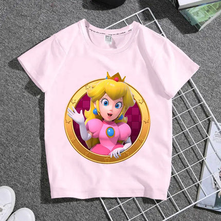2026 New Cartoon Mario Princess Children's Clothing T-Shirt - Summer Boys and Girls Short-Sleeved Pink Family Set Student Shirt