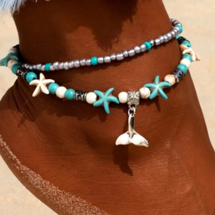 Beach Boho Wave Sea Star Dolphin Turquoise Bead Turtle Foot Chain Anklet  For Women Jewelry