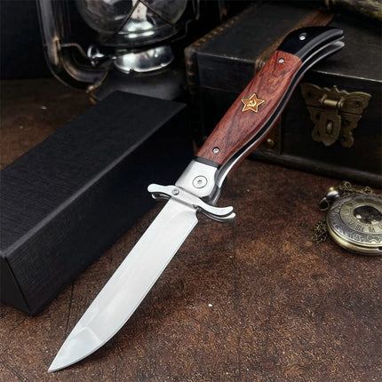 Russian NKVD EDC Hunting Pocket Folding Knife 440c Blade Wood Handle Camping Hunting Outdoor Knife with Leather Sheath