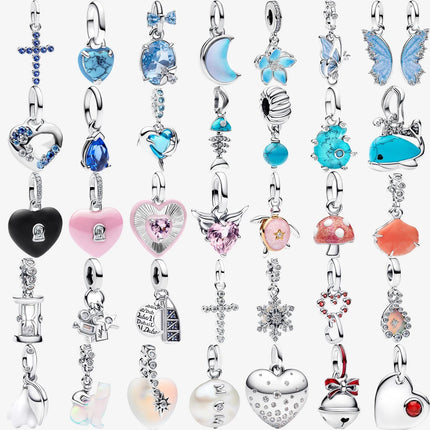 Key & Lock 925 Sterling Silver Pave Moon Heart Flower Dangle Charms Fit Original Bracelet Beads Jewelry DIY Gift plata de ley