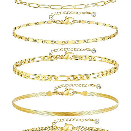 Women's golden ankle bracelet, 14k gold plated waterproof Cuban chain bracelet set, layered bracelet, adjustable size（5pcs）