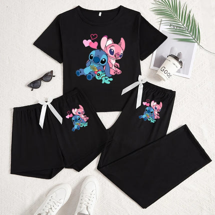 Disney men's and women's Stitch sleepwear 3-piece set, casual and cute short sleeved top, long pants, home wear