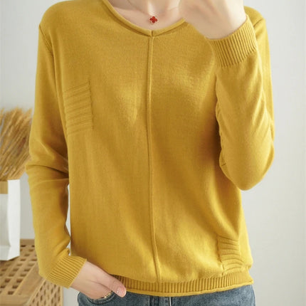 2023 Autumn/Winter Women's New Pullover Casual Solid 100% Cotton Knitted V-Neck Loose Sweater Fashion Soft Breathable Top