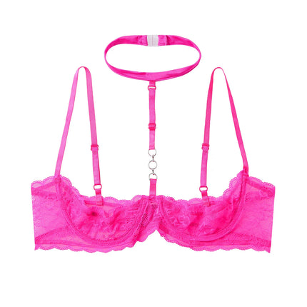 Womens 1/4 Cups Underwire Hollow Out Open Cup Nipples Bra Halter O Ring Exposed Lace Push Up Brassiere Lingerie Bra Underwear