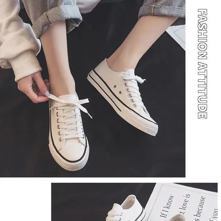 Flat Bottom Canvas Shoes Women's Versatile Low Cut Rubber Sole Pure Color Adult Slip-On Fashion Trendy White Sneakers
