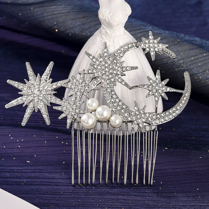 Retro Korean-Style Star and Moon Bridal Hair Comb Classic Pearl Handmade Hair Clip Headpiece For Women Holiday Hair Accessories