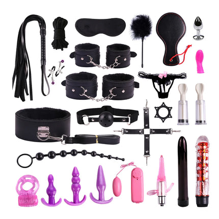 26-in-1 Mega BDSM Bondage Kit Plush Handcuffs Restraint Ball Gag Anal Plug Vibrator Sexy Lingerie Adult Sex Toy Set for Couples