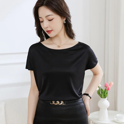 Summer women's short sleeved acetate fabric high-end knitted women's T-shirt thin European style hot selling women's T-shirt