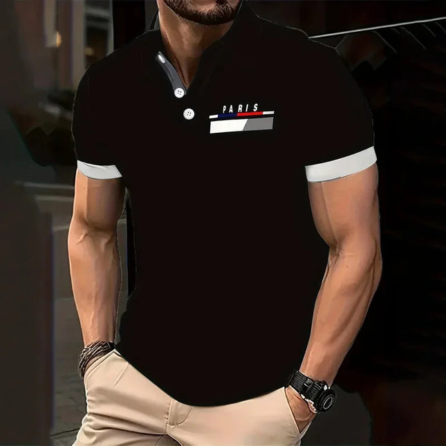 Parisian print short-sleeved polo shirt for men's casual style, multi-functional lapel shirt, summer street men's casual breatha