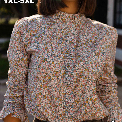 Plus Size Floral Print Blouse, Ruffled Placket & Cuffs with French Buttons, Flared Hem Office & Vacation Top