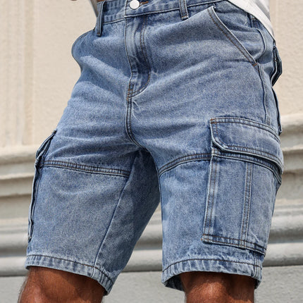 Men's Summer Blue Regular Denim Shorts. Multi-Pocket Design. Stylish and Casual.