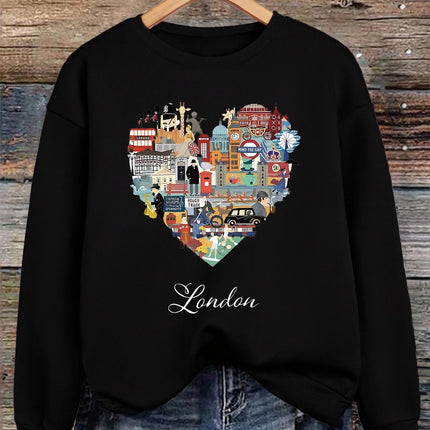 London Heart Street View Print Sweatshirt Women Fleece Hip Hop Streetwear Loose Autumn Clothes Comfortable O-Neck Pullovers