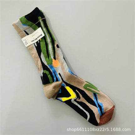 Bonne Maison French Small Batch Women's Fun Oil Painting Style Mid-Calf Cotton Dopaamine Colorful Socks Moisture Wicking Sweat