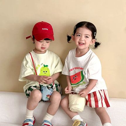 MILANCEL New Summer Kids Clothes Set 1-9T Girls Cartoon T-shirt+Striped Shorts Cotton Loose Boys Tee Suit Children Outfit 2PCS