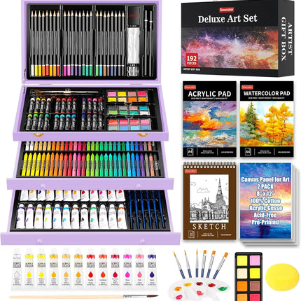 192-Piece Deluxe Art Set with 3 Pads, Acrylic Paint, Crayons, Pencils, and Wooden Case