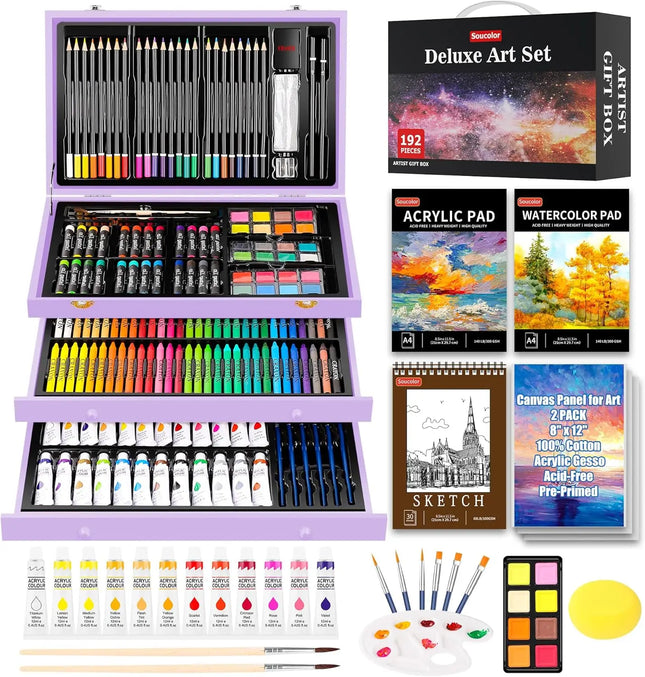 192-Piece Deluxe Art Set with 3 Pads, Acrylic Paint, Crayons, Pencils, and Wooden Case