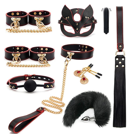 BLACKWOLF BDSM Bed Bondage Kits Genuine Leather Restraint Set Handcuffs Collar Gag Erotic Sex Toys For Women Couples Adult Games