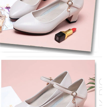 Women Fashion Sweet Red Comfort Buckle Strap Square Heel Pumps Lady Casual Black Pu Leather Office High Heel Shoes Spring Autumn