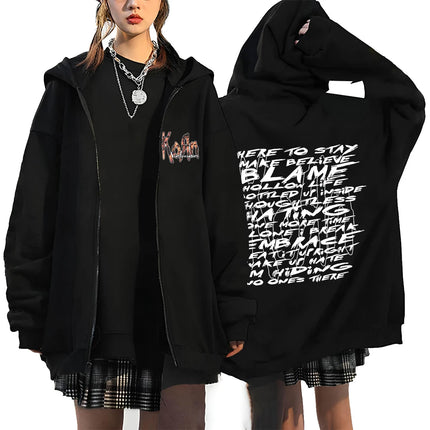 Korn Rock Hoodies WORLD TOUR Zipper Sweatshirts Korn Rock Metal Zip Up Jackets Fleece Oversized Jackets Coats Hip Hop Streetwear