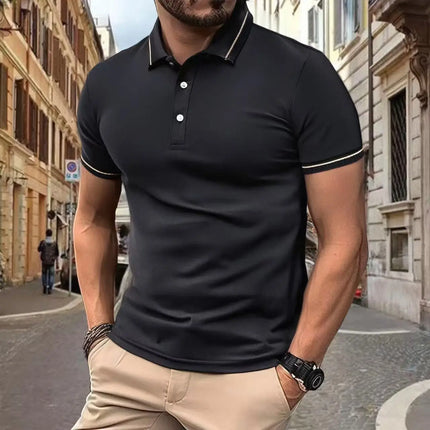 2025Men's casual short sleeved polo shirt, solid color polo shirt, fashionable, business, breathable, comfortable short sleeved