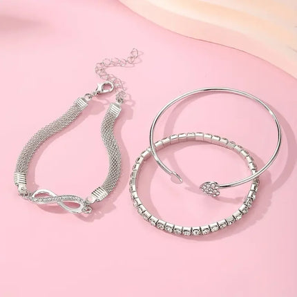 3pcs/Set Vintage Crystal Rhinestone Heart Bracelets for Women Fashion Geometric Adjustable Infinity Cuff Bangle Jewelry Gifts