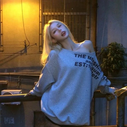 Sexy Oversize T-shirt Women Streetwear Letter Print Skew Collar Off Shoulder Long Sleeve Basic Top Korean Fashion Loose T-shirt