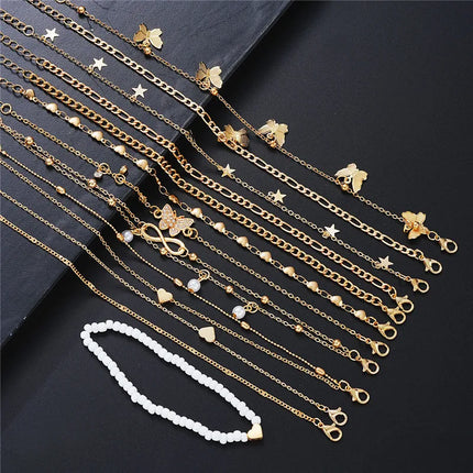 14 Pcs/Set Fashion Metal Butterfly Heart Pendant Anklets Set Bohemia Vintage Pearl Foot Bracelet Beach Woman Jewelry Gifts 2025