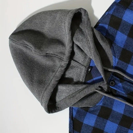 Men's Shirts Classic Plaid Casual Button Down Hooded Long Sleeved Double Pockets Shirt Hoodie Flannel Jacket Spring Autumn Tops