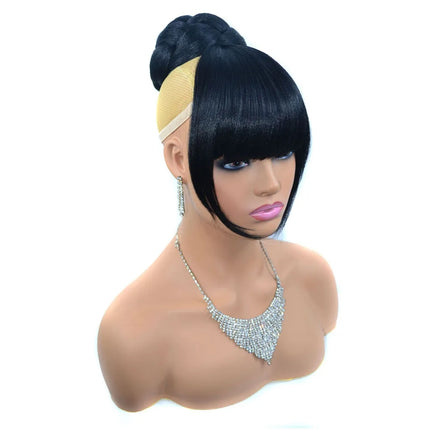 Jeedou Synthetic Hairpieces Spherical Updos Chignon With Bangs Clip In Hair Bun Pad Donut Rubber Band Black Color