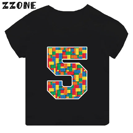 Building Blocks Bricks Number Bow Print Cartoon Boys Clothes 1 2 3 4 5 6 7 8 9 Years Birthday Kids T-shirt Baby Girls T-Shirts