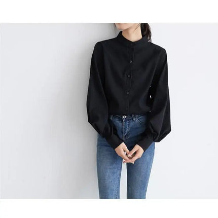 Spring Fashion Women Solid Stand Collar Casual Elegant Fashion Women's Top Clothing Blouse Shirt Lantern Long Sleeve Women's Shirts